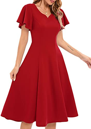 Red Formal Cocktail Dress for Wedding Guest Modest Prom Dresses for Women Evening Party Vintage Swing a Line Dress for Casual Graduation Elegant Short Sleeve Red XL