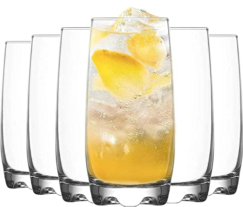 Tradineur - Set de 6 vasos de cristal modelo Adora, base gruesa, aptos para lavavajillas, servir cócteles, cerveza, refrescos, 14,5 x 6 cm, 390 ml