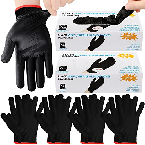 Janmercy 200 Pcs Disposable BBQ Nitrile Gloves with 4 Pairs Cotton Liners Grilling Cooking Cleaning Gloves for Smoker Meat(X-Large,Black)
