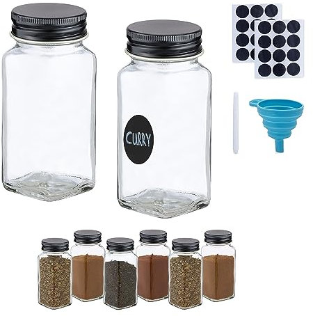 Relaxdays Gewürzgläser 8er Set, Streueinsatz, Gewürzdosen Glas, 120 ml, mit Etiketten & Trichter, transparent/schwarz