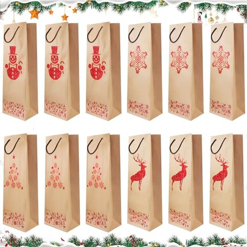 12 Stück Weihnachten Flaschentüten Geschenktüten, Wein-Geschenktasche für Flaschen, Kraftpapier Geschenktaschen für Geburtstage, Dinnerparty und Geschenk