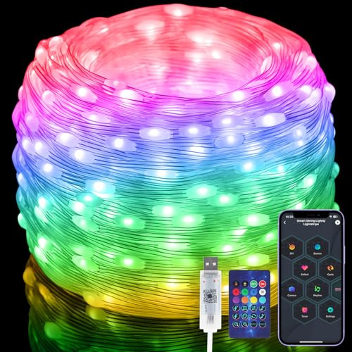 Electight 15M Fairy String Lights RGB Smart IC, APP & Remote Control | Multicolor Christmas Halloween Lights, 99+ Modes Dimmable, USB Powered& Waterproof, for Indoor & Outdoor, Wedding, Decor