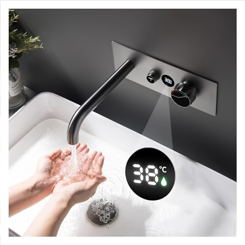 QREZAA Robinet Mural Salle de Bains Gris Pistolet avec Affichage de la Température LED Mitigeur Baignoire Robinet Lavabo Encastré Laition pour Baignoire et Lavabo Robinet Froid et Chaud