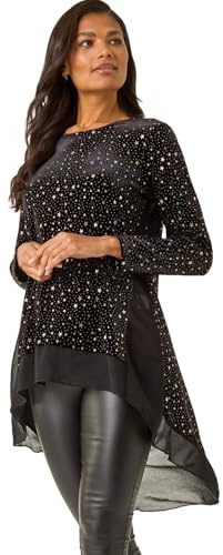 Roman Chiffon Dipped Hem Top Asymmetric Tunic for Women UK Ladies Stretchy Jersey Flared Blouse Smart Fit & Flare Form Casual Loose Longline Party Hanky Tunics - Black - Size 18
