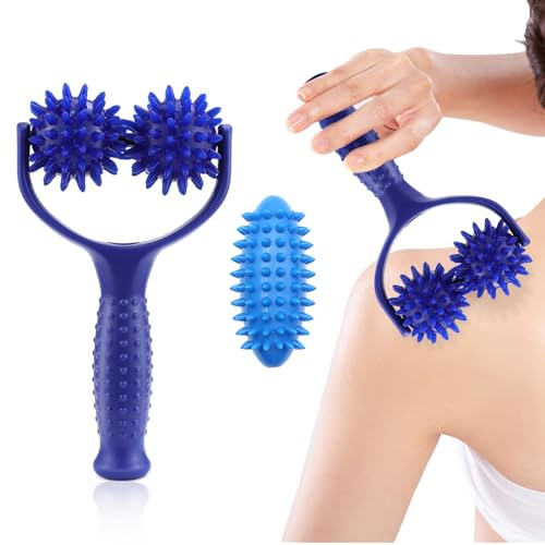 Massage Roller mit 2 Lgelbälle, Massagebälle, Massageroller mit Griff und Noppen Auswechselbare, Selbstmassagerolle, Massageball Set für Beine Rücken Arme Schultern Muskelschmerzen