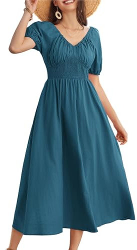 GRACE KARIN Women Summer Beach Dress Wedding Guest Dark Blue Short Sleeve Maxi A-Line Smocked Dresses for Evening Party Dinner L Size 18