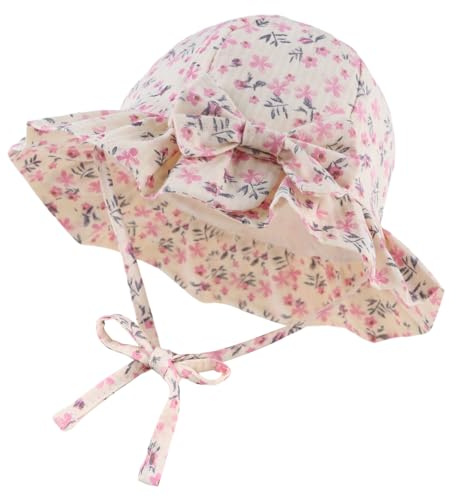 XIAOHAWANG Sommerhut Baby Mädchen Sonnenhut Mütze Baby Sommer Mützen Baumwolle Mit Schleife und Bindebändern(Rosa Blüten, 50cm(1-2 Jahren))