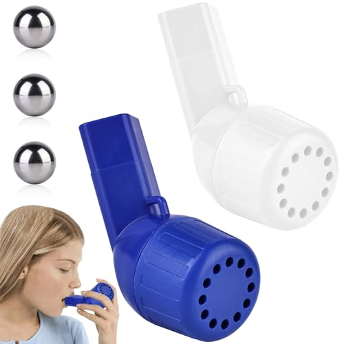 Air Physio Original Breathing Device, Lung Trainer, Breathing Trainer with 3 Steel Balls, Mucus Clearance Device for Patients with Mucus-Producing Respiratory Diseases (White + Blue)