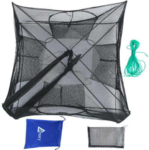 Drasry Black Fishing Bait Trap Foldable Fish Net for Minnow Crab Crayfish Crawdad Shrimp Trap Cast Net Dip Cage Collapsible Easy Use 4 6 Hole Fishing Accessories (Black-4 Holes)