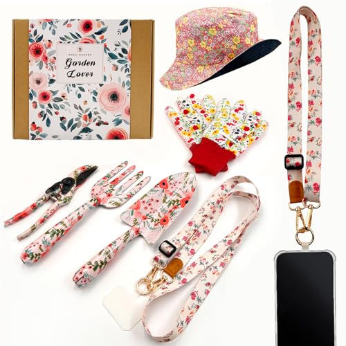SNAIL GARDEN Juego de jardinería de 7 piezas con sombrero de sol de doble cara y cordón ajustable para teléfono, herramientas de estampado floral, guantes antideslizantes y caja de regalo, regalos de