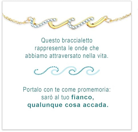 Bracciale Donna in Argento Sterling 925 Placcato in oro - Idea Regalo per lei braccialetto con Onde del Mare - Compleanno Natale - Cofanetto con DEDICA Incluso (Bracciale - Donna Onde)