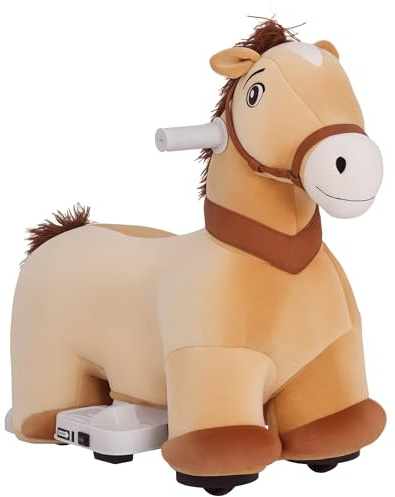 AIYAPLAY Cavallo a Dondolo Elettrico 6V per Bambini da 18-36 Mesi con Musica e Ruote, Cavalluccio a Dondolo Cavalcabile in Poliestere, 69x34x53cm, Marrone
