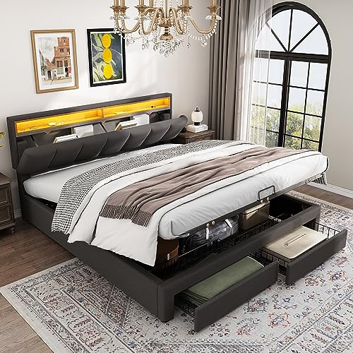 RIAZOS 6ft Ottoman Upholstered Bed with LED Lighting, Super King Bed 180x200cm,Hydraulic Storage Bed with Box,Drawers and Storage Compartments,Stowable Foam Headboard,with Steel Frame,Linen,Grey
