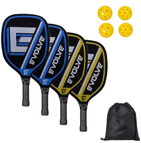 Pickleball Kit de raquette de paddle avec 4 pagaies, 4 balles et 1 sac de transport, pour débutants et joueurs de loisirs, en extérieur et en intérieur, jaune