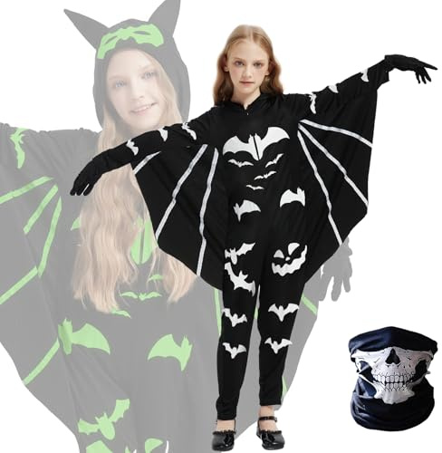 HERMORRYSS Costume da Pipistrello per Bambini, Tuta da Pipistrello per Bambini con Sciarpa, Costume di Halloween Nero per Bambini e Bambine, Costume per Halloween, Carnevale, Feste (Modello B, 140)
