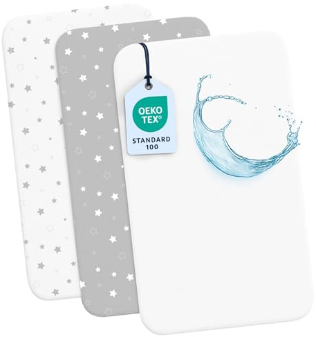 Dreamzie Set 2 Spannbettlaken Kinderwagen + 1 Matratzenschoner Babybett - 100% Baumwolle & Wasserdicht - 55x90 cm Stars