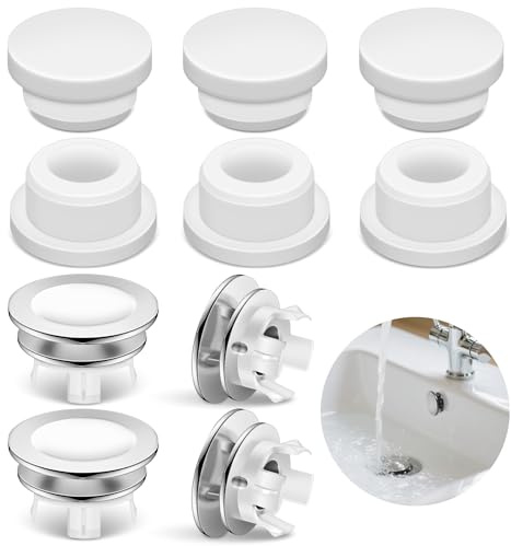 Anelli e Tappi Troppo Pieno Lavandino, 4 Anelli Cromati + 6 Tappi Silicone Copri Foro Troppo Pieno Bagno Cucina, Copertura Rotonda Decorativa per Lavello, Bidet, Vasca da Bagno