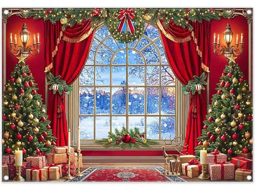 Luminora 2,1 x 1,5 m Toile de Fond de Noël Rideau Rouge Sapin Hiver Neige Nuit Cadeau Élan Photographie Fond Décorations de fête de Noël Bannière Photo Accessoires