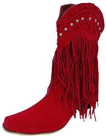 Bottes à talons épais rétro à franges pour femme avec mollet moyen, rouge, 37 EU