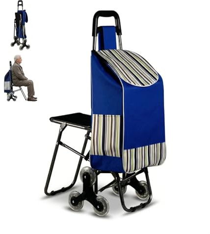 Foldable Shopping Trolley with Seat, Stair Climber Grocery Cart, Folding Shopping Cart with Wheels, Portable Grocery Trolley for Elderly, Heavy Duty Personal Shopping Bag on Wheels (Blue)