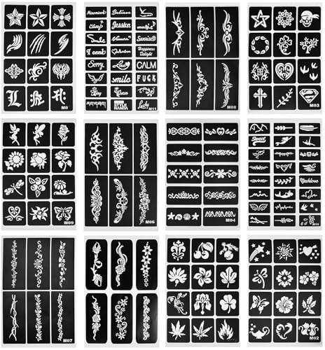 ASOUUNLD Set di 12 Stencil Adesivi per Tatuaggi in PVC 29x21cm Stencil per Tatuaggi Riutilizzabili Stencil Per Tatuaggi Temporanei Adatto a Tutti i Tipi di Pelle per Henné Sposa Lentiggini e Body Art