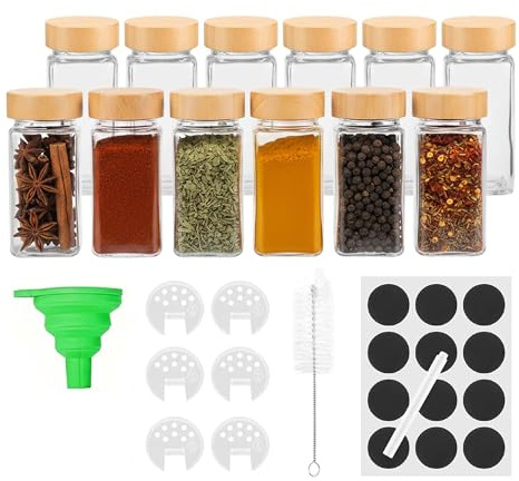 Baroni Home Set 12 Barattoli Portaspezie in Vetro con Tappo in Legno da 120ml, Contentirori Spezie, Etichette Lavagna, Pennarello, Imbuto, Scovolino, Dosatore, 4,5x4,5x11 cm