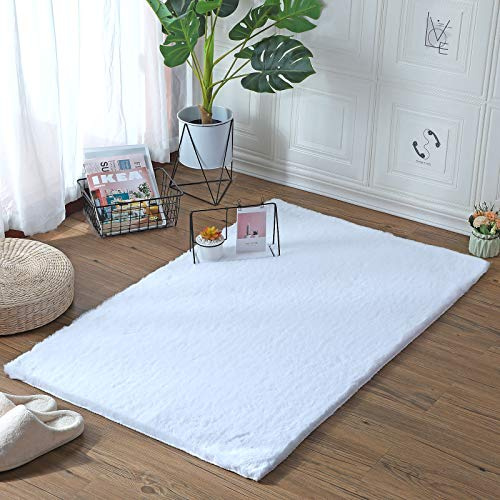 HEQUN Alfombra De Piel De Conejo Artificial,Antideslizante Lujosa Suave Lana Artificial Alfombra para salón Dormitorio baño sofá Silla cojín (Blanco, 60x90cm)