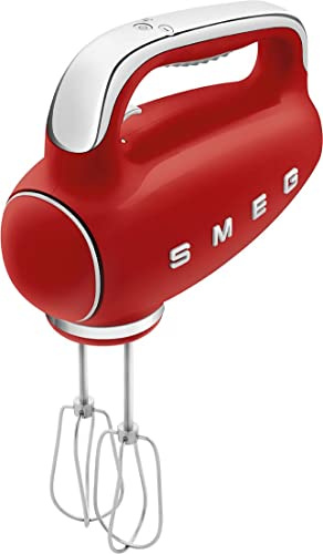 Smeg HMF01RDUK Hand Mixer with Turbo Function, 3 Attachments, LED Display, Retro 50's Style, 250W, Red