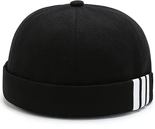 XYIYI Schwarzer Streifen Baumwolle Brimless Docker Kappe Verstellbare Street Casual Matrosenmütze Schädeldecke Beanie Mütze