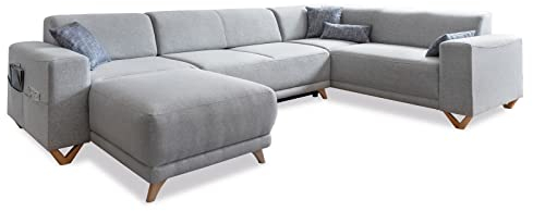 MIUFORM Ecksofa U-Form mit Schlaffunktion und Bettkasten | Classy Sophie | Wohnladschaft Couch Schlafcouch Wohnzimmer Gästezimmer | Holzfüße (Hellgrau, Rechts ausgerichtet)