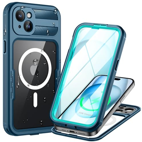 Lanhiem für iPhone 15 Hülle Wasserdicht,Handyhülle für iPhone 15 IP68 Wasserfest Schutzhülle mit Magsafe,360 Outdoor Case Stoßfest Staubdicht Panzerhülle mit Kameraschutz/Displayschutz,Blau