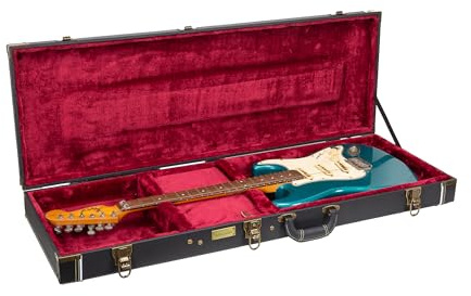 Crossrock Wooden Guitar Case -Fits Telecaster and Stratocaster Styles of Guitars -Vintage Hardware, Sponge Lining, Storage Space-Black (CRW520STBK)