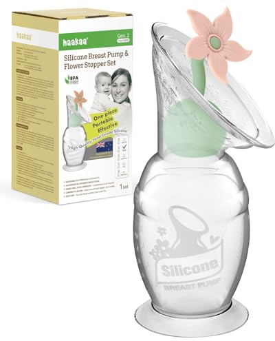 haakaa Tire-lait manuel avec bouchon de fleur, pompe manuelle en silicone Gen.2 avec base aspirante, sans BPA (150 ml, rose poudré)