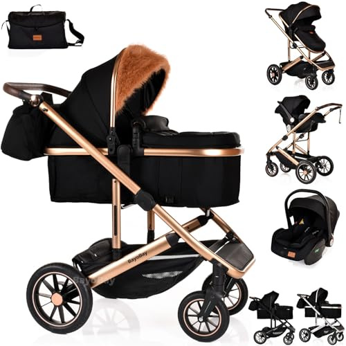 3 in 1 Baby Pram Travel System with Car Seat Lightweight Buggy Foldable Pushchair for Newborn and Toddlers up to 22kg New 2025 Style (Black - Gold)