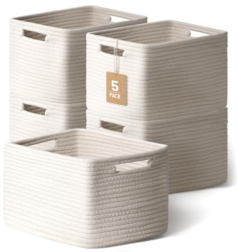 5 Pack White Woven Storage Baskets for Shelves, Decorative Basket Organizer Storage Bins for Toys, Books, Clothes, Closet, Nursery, Bathroom – Cotton Rope Shelf Baskets for Organizing and Decor