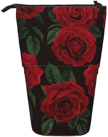SATUSA Red Rose Print Pencil Case,Telescopic Pen Pouch,Portable Pencil Holder,Storage Cosmetic Bag