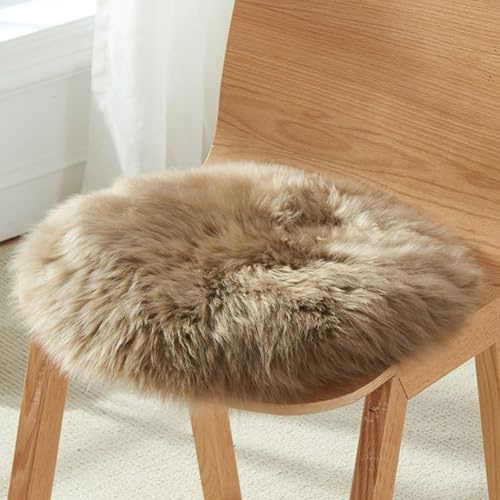 RTSFKFS Cojín Redondo 35 40 45 50 de Piel DEE Oveja Natural Linda Lana Pura Peluda Cojín de Silla Cuero Oveja Antideslizante Lujo Cojines Asiento Coche(Marrón Claro,35cm/13.7)