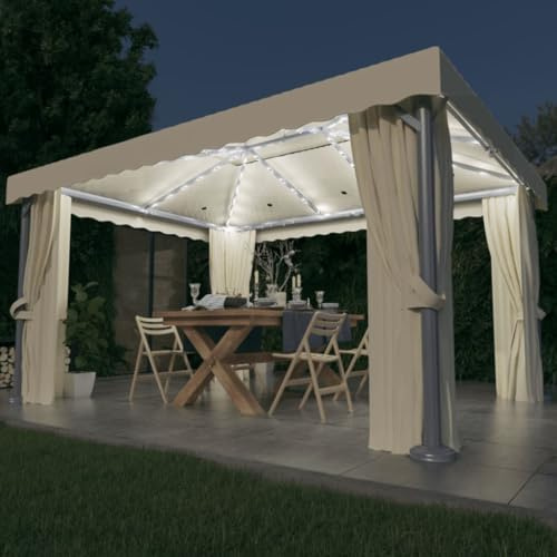 Nqyjm Utomhus trädgårdsmottagningstält paviljong och gardin och LED-ljusslinga 4 x 3 m krämvit, paviljong tält för bröllop, fester, camping, kommersiella evenemang