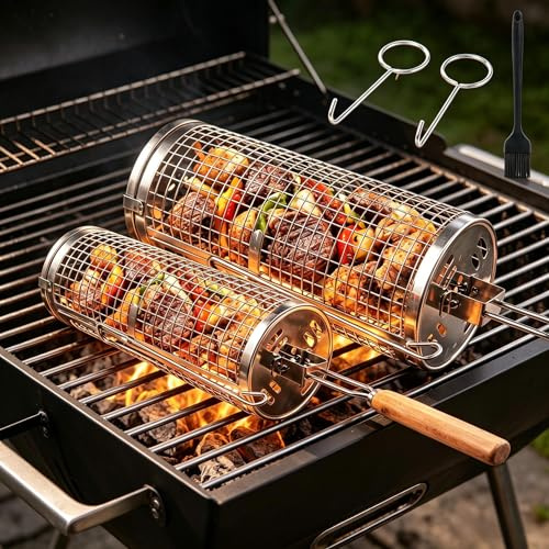 Cesta para Parrilla Rodadiza,2 Anidadas Cesta para Barbacoa Mango Extraíble Doble Apertura Acero Inoxidable 304 con Brocha para Aceite Accesorios Barbacoa para Exterior Camping Regalos para Hombre