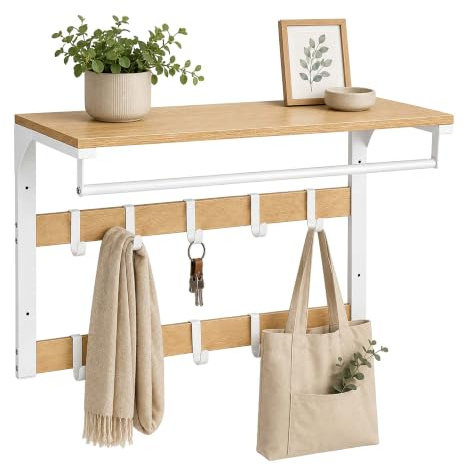 Relaxdays vägggarderob 3-i-1, 10 krokar, klädstång, hatthylla, natur/vit | 42 x 65 x 30 cm