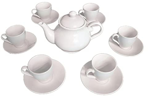 Hogar y Mas Juego CAFÉ Barista Porcelana Blanca CAFETERA|AZUCARERO|LECHERA|6 Tazas| 6 Platos