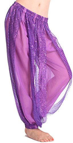 Baisdan Belly Dance Harem Pants, Sequin Shiny Harem Yoga Pants India Arab Dance Bloomer Trouser Purple