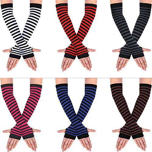 SATINIOR 6 Paare Frauen Lange Fingerlose Handschuhe Stricken Armwärmer Daumenloch Dehnbare Handschuhe (Streifenserie)
