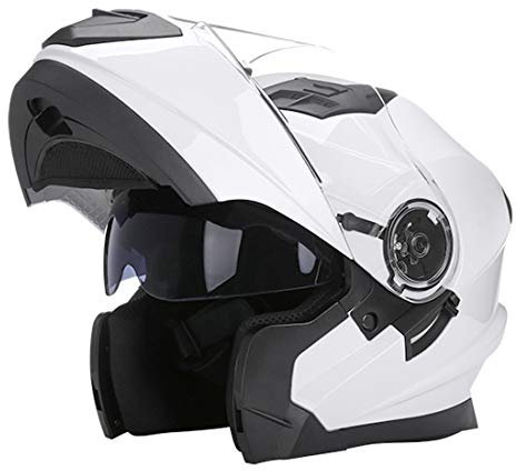 Mangen Flip Up Motorbike Full Face Motorcycle Helmet Crash Modular Helmets Dual Visor (Gloss White, L)