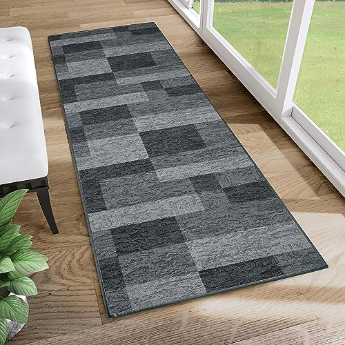 TAPISO Anti Rutsch Teppich Läufer rutschfest Brücke Meterware Modern Bsalt Dunkelgrau Viereck Geometrisch Design Flur Küche Wohnzimmer Diele 80 x 230 cm