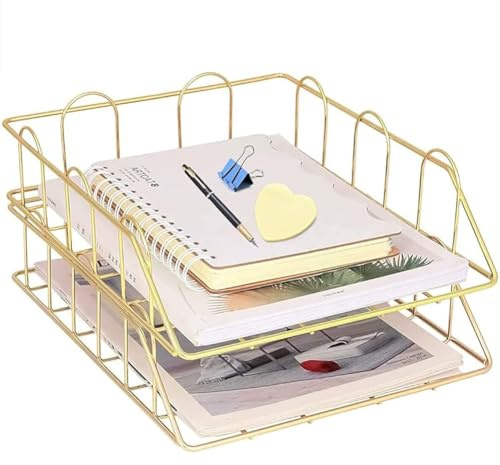 LELYFIT un Juego de 2 Gestores de Escritorios Metálicos Apilables de Archivos de Contenedores de Basura, Gestores de Cartas de Papel de Carpeta A4 Discos de Archivos Metálicos Domésticos (Dorado)