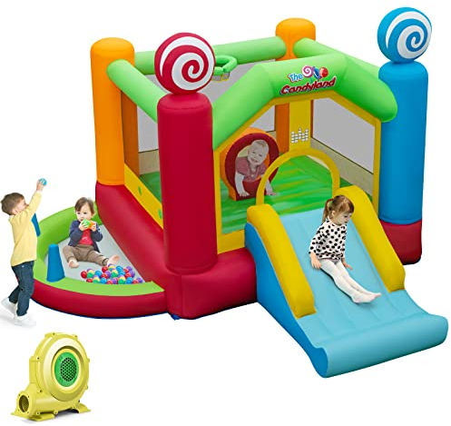 GOPLUS Aufblasbare Hüpfburg, Spielparadies für Kinder mit Rutsche, Bällebad, Trampolin, Basketballkorb & 50 Spielbällen, Spielburg mit Gebläse für Hof Rasen Park Garten (Bonbons, Mit Gebläse)