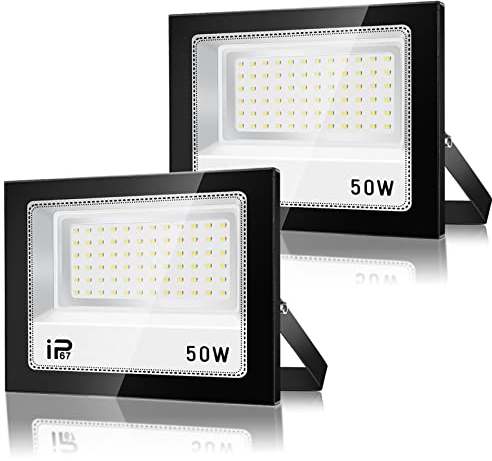 LED Strahler Außen 50W 2 Stück, IP67 Wasserdicht Superhell LED Fluter, 5000LM Außenstrahler Led Scheiwerfer,7000K Kaltweiß Flutlicht Led Außen Aussenstrahler für Auffahrt,Hinterhof,Garten,Werkstatt