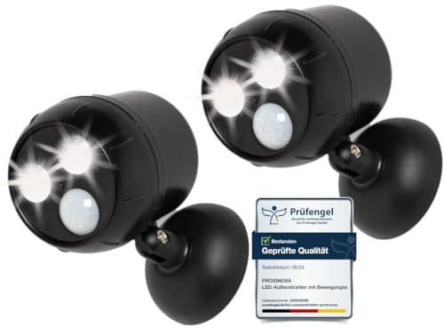 Proxinova Lampe Detecteur de Mouvement exterieur, Eclairage LED a pile, 2 Unités, Projecteur Sans Fil, Spot LED Exterieur, 1000 Lumen, Tête rotative à 360 °, éclairage Mural d'extérieur