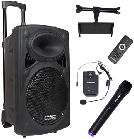 DYNASONIC - Dynapro 15’ (Segunda Generacion) Altavoz portátil Sistema Audio Profesional Potencia 800W - USB Bluetooth, Micrófonos, Negro - Soporte para Dispositivos movil y Tablet